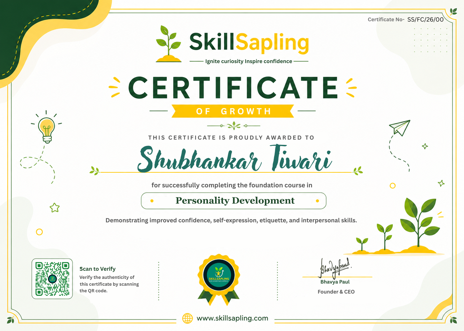 Skillsapling Certificate of Completion